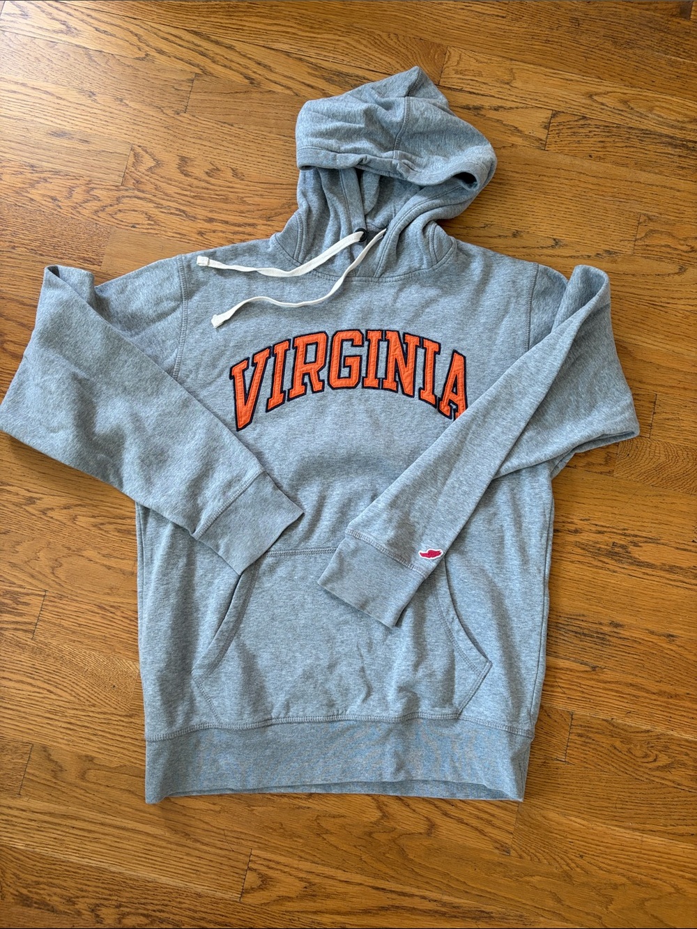 UVA hoodie, Medium gray, League brand. 
Orange Virginia embroidered